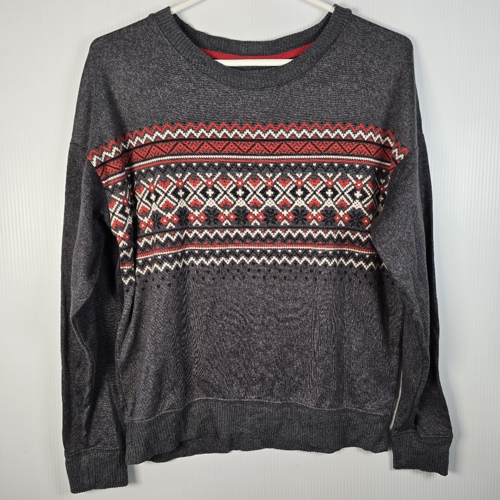Cuddl Duds Women's Charcoal and Crimson Fair Isle Crewneck Long Sleeve Sweater S